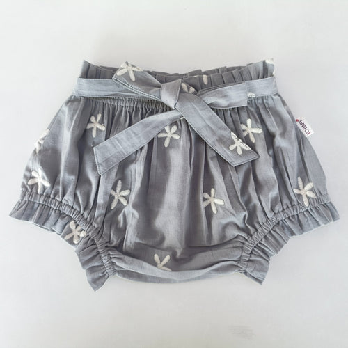 Floral Embroidery Grey Color Shorts-Style Diaper Cover With Belt