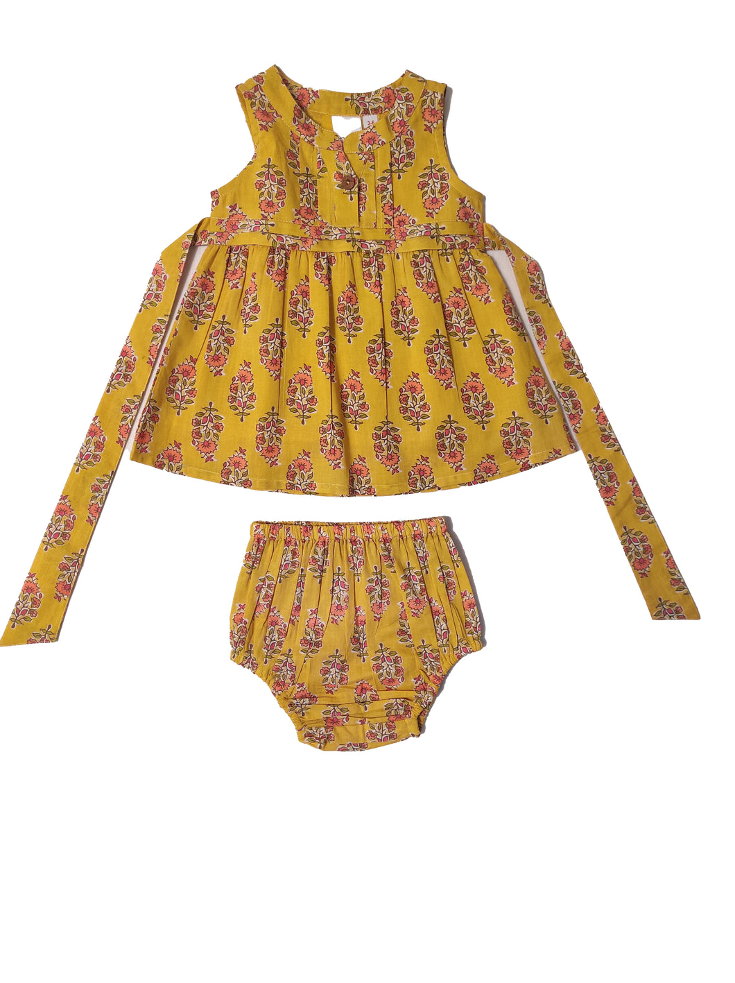 Yellow Floral Printed Pin-Tuck Detail Dress and Bloomers