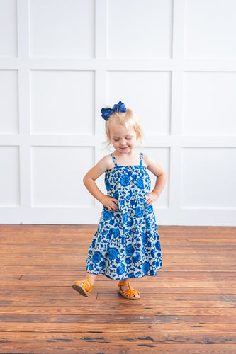 Indigo Floral Printed Tiered Dress and Bloomers