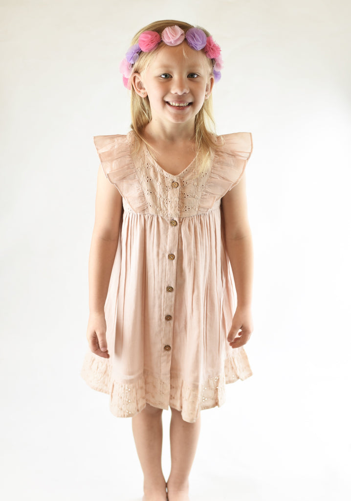 Embroidered Blush Flutter Sleeve Dress Yo Baby Wholesale