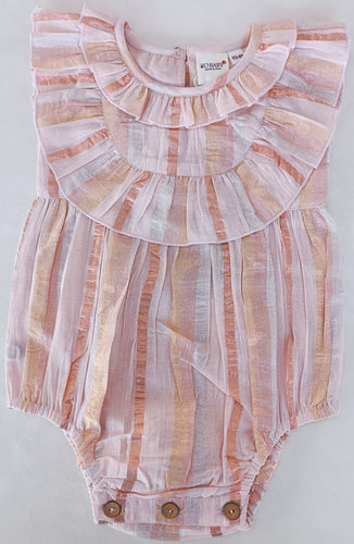 Baby Pink Solid Color Lurex Neck Ruffle Romper