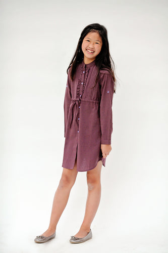 Aubergine Frill and PinTuck Detail Full Sleeved Shirt Dress - Kids Wholesale Boutique Clothing, Dress - Girls Dresses, Yo Baby Wholesale - Yo Baby