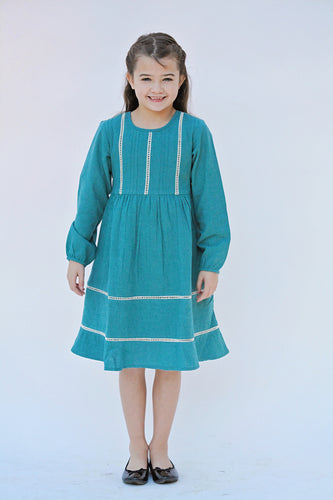 Teal Pin-Tuck and Lace Detail Dress - Kids Wholesale Boutique Clothing, Dress - Girls Dresses, Yo Baby Wholesale - Yo Baby