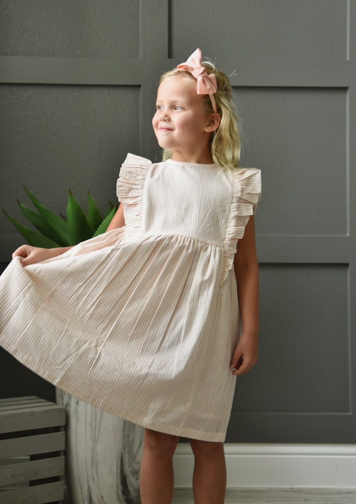 Ecru and Peach Pin Stripe Flutter Sleeves Dress and Bloomers Yo