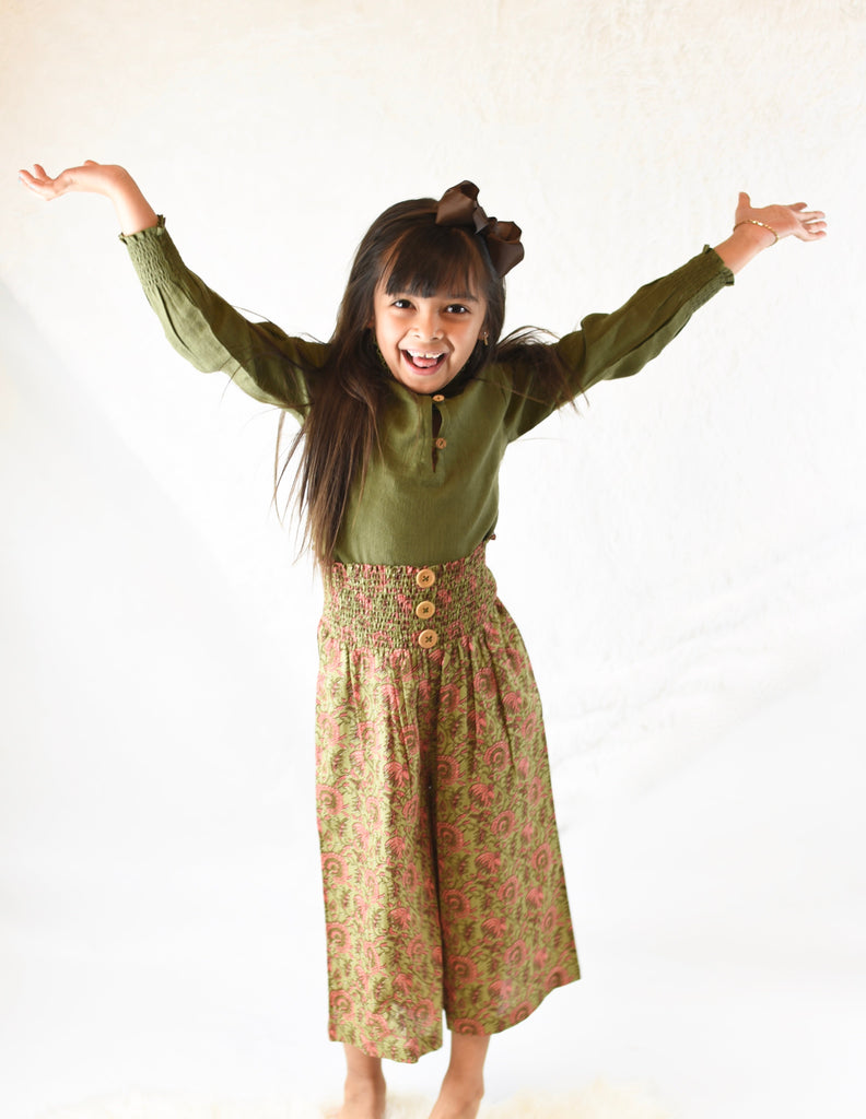 Olive Shirt with Floral Smocked HighWaisted Pants 2 pc. Set Yo Baby