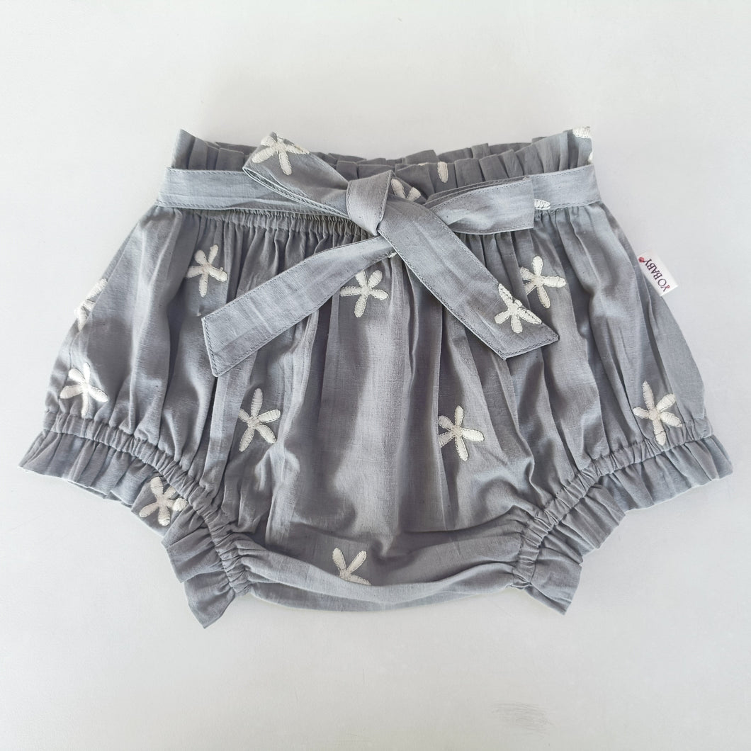 Floral Embroidery Grey Color Shorts-Style Diaper Cover With Belt