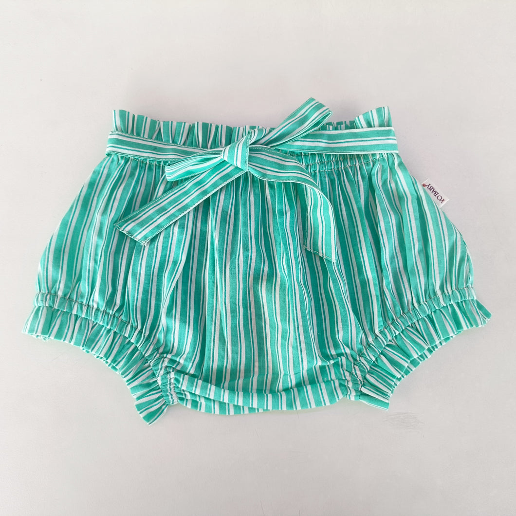 Turquoise Striped Print Shorts-Style Diaper Cover With Belt