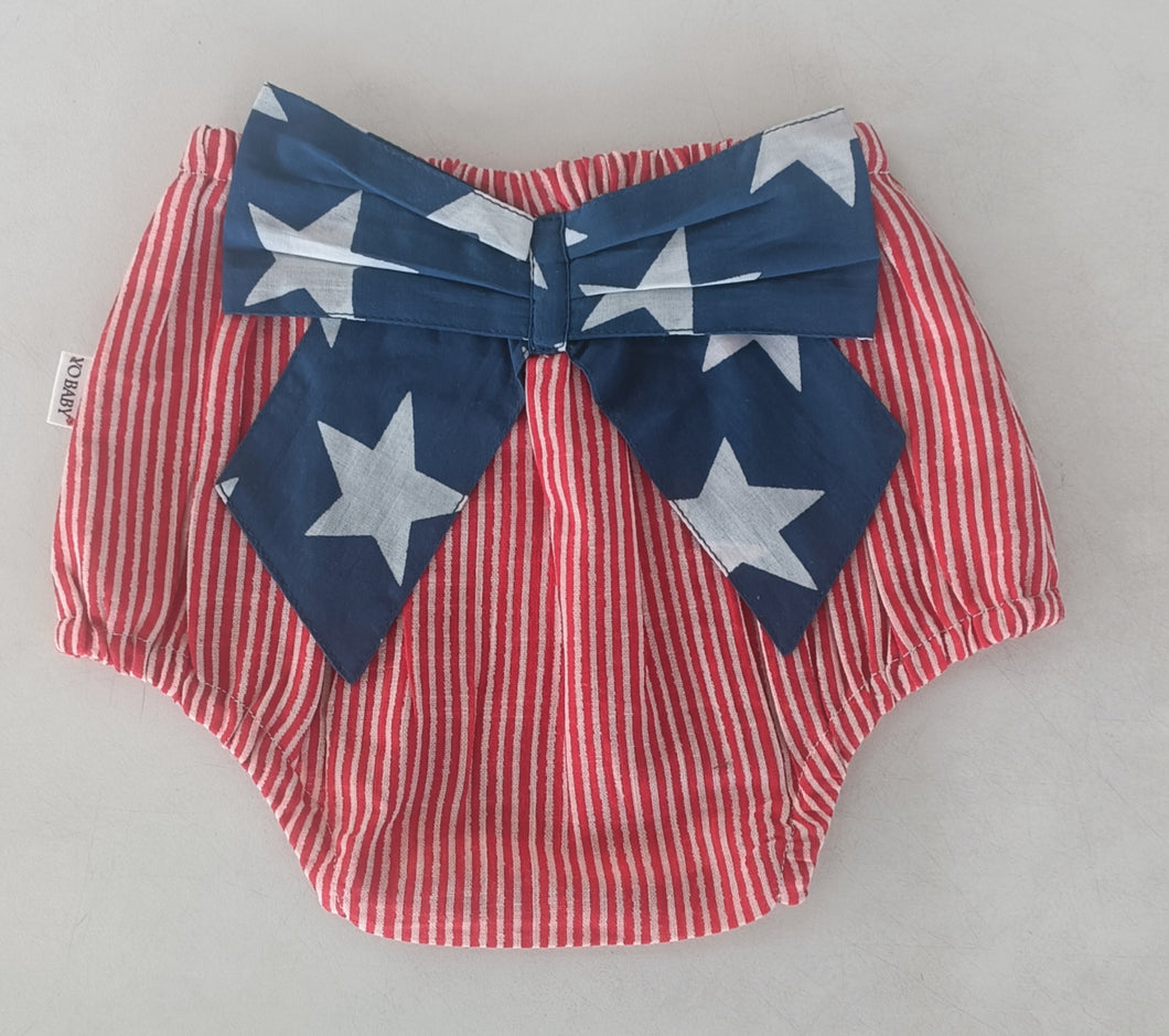 Red Striped Printed Diaper Cover With Blue Stars Bows