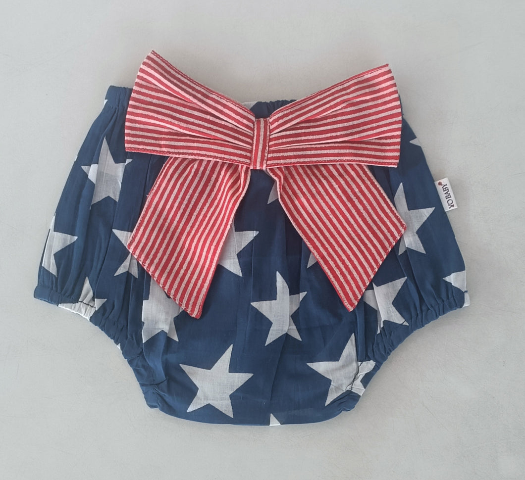 Blue Stars Printed Diaper Cover With Red Striped Bows