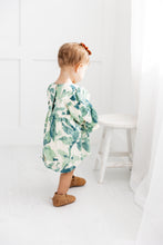 Sage-Green Leaf Printed Sleeve Gathered Dress