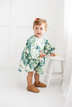 Sage-Green Leaf Printed Sleeve Gathered Dress