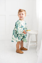 Sage-Green Leaf Printed Sleeve Gathered Dress