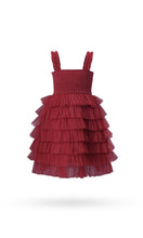 Red Tulle Solid Color Tiered Ruffle Dress