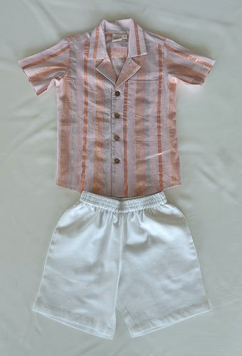 Baby Pink Multi Color Lurex Boys Shirt & White Shorts set