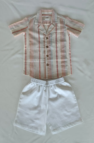 Off-White Multi Color Lurex Boys Shirt & White Shorts set