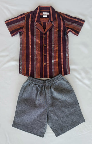 Burgundy Multi Color Lurex Boys Shirt & Black Chambray Shorts set
