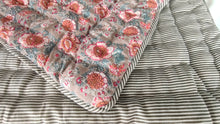 Reversible Quilted Blanket -  Red floral Printed & Stripes