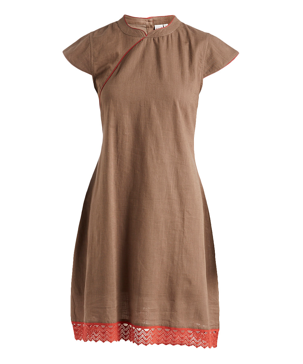 Brown & Red Lace-Hem Mandarin-Collar Dress