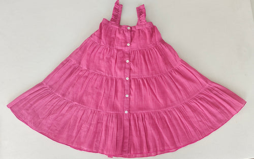 Pink Textured Checks Multi-Tiered Ruffle Dress