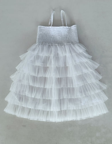White Tiered Tulle Dress with Nylon Net Frills and Adjustable Straps