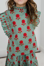 Green Floral Neck Ruffle Top & Tiered Skirt Set