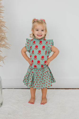 Green Floral Neck Ruffle Top & Skorts Set