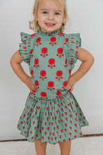 Green Floral Neck Ruffle Top & Skorts Set