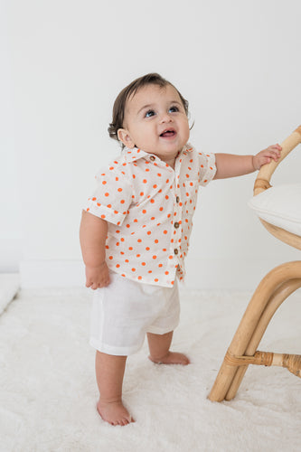 Orange Polka Dot Print Boys Shirt & White Shorts set