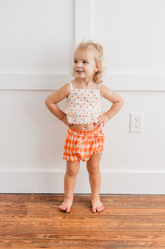 Orange Polka Dot Top & Orange Checkered Shorts Set