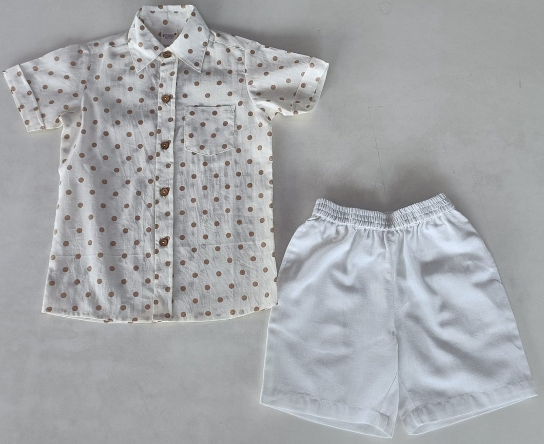 Brown Polka Dot Print Boys Shirt & White Shorts set