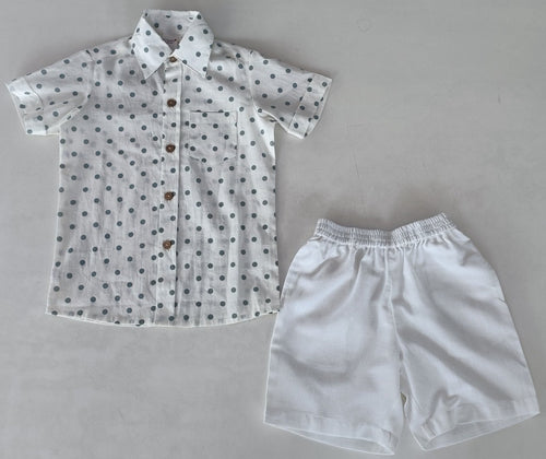 Blue Polka Dot Print Boys Shirt & White Shorts set
