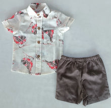 Multi Color Bird Print Boys Shirt & Brown Shorts set