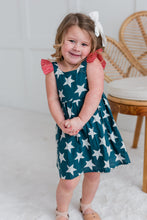 Navy Star Print Sleeve Ruffled Gathered Dress