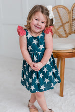 Navy Star Print Sleeve Ruffled Gathered Dress