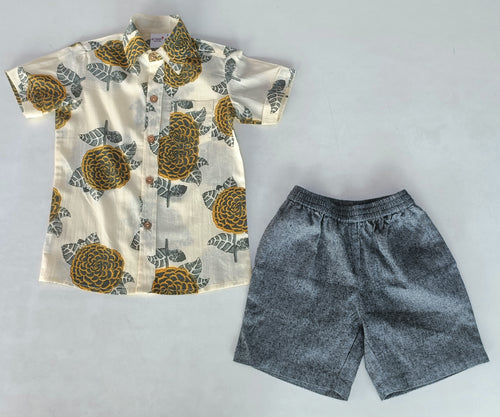 Mustard & Grey Floral Print Boys Shirt & Black Chambray Shorts set