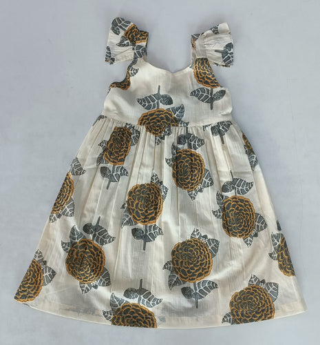 Mustard & Grey Floral Print Sleeve Ruffled Gathered Dress