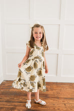 Mustard & Grey Floral Print Sleeve & Bottom Ruffled Gathered Dress