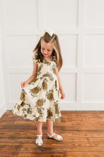 Mustard & Grey Floral Print Sleeve & Bottom Ruffled Gathered Dress