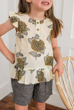 Mustard & Grey Floral Print Sleeve Ruffled Top & Black Chambray Shorts Set