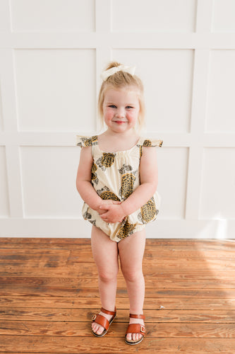 Mustard & Grey Floral Print Sleeve Ruffled Romper