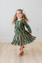 Bottle Green Solid Color Multi Lurex Tiered Long Sleeve Dress