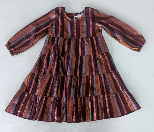 Burgundy Solid Color Multi Lurex Tiered Long Sleeve Dress