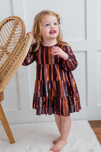 Burgundy Solid Color Multi Lurex Tiered Long Sleeve Dress
