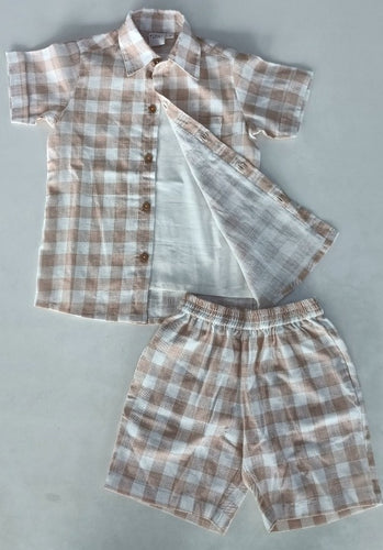 Blush Checkered Printed Boys Shirt ,Shorts & Off-White Inner shirt 3pc set