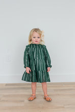 Bottle Green Solid Color Silver Lurex Tiered Long Sleeve Dress