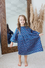 Navy Floral Print Bell-Sleeves Gathered Dress