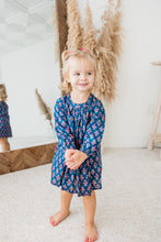 Navy Floral Print Front Pleated Dress