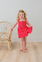 Red Striped Print Front Open Gathered Dress