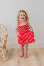 Red Striped Print Front Open Gathered Dress