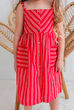 Red Striped Print Front Open Gathered Dress